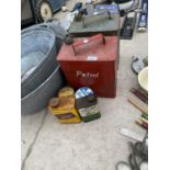 TWO VINTAGE PETROL CANS AND VINTAGE AUTOMOBILE CANS