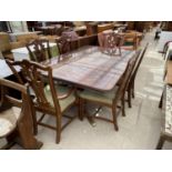 A GEORGIAN STYLE TWIN PEDESTAL DINING TABLE (68" x 44") AND SIX CHIPPENDALE STYLE DINING CHAIRS BY
