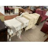 TWO FRENCH STYLE CREAM BEDSIDE CHESTS, TWO SIMILAR CHESTS OF THREE DRAWERS AND HEADBOARDS