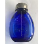 A BEATSON AND CLARK ROTHERAM BLUE GLASS BOTTLE WITH WHITE METAL TOP