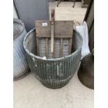 A VINTAGE GALVANISED DOLLY TUB, WASH BOARD AND WASHING TONGS