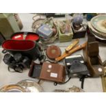 VARIOUS VINTAGE ITEMS TO INCLUDE BINOCULARS, BRASS BLOW LAMP ETC