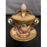 A ROYAL WORCESTER HAND PAINTED FRUIT CUP , COVER AND SAUCER, PAINTED BY J BOWMAN HEIGHT 15.5CM ,