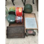 VARIOUS VINTAGE ITEMS TO INCLUDE ADVERTISING TINS, WASH BOARD, TRAYS ETC