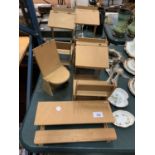 AN ASSORTMENT OF VINTAGE, MINIATURE, HANDCRAFTED WOODEN SCHOOL FURNITURE