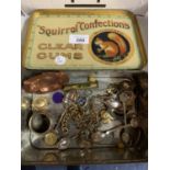 A METAL "SQUIRREL CONFECTIONS" TIN LIDDED BOX CONTAINING VARIOUS METAL ITEMS INCLUDING TEASPOONS