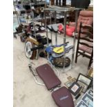 VARIOUS FITNESS EQUIPMENT, TENNIS RACKETS, BRISTLE DARTBOARD