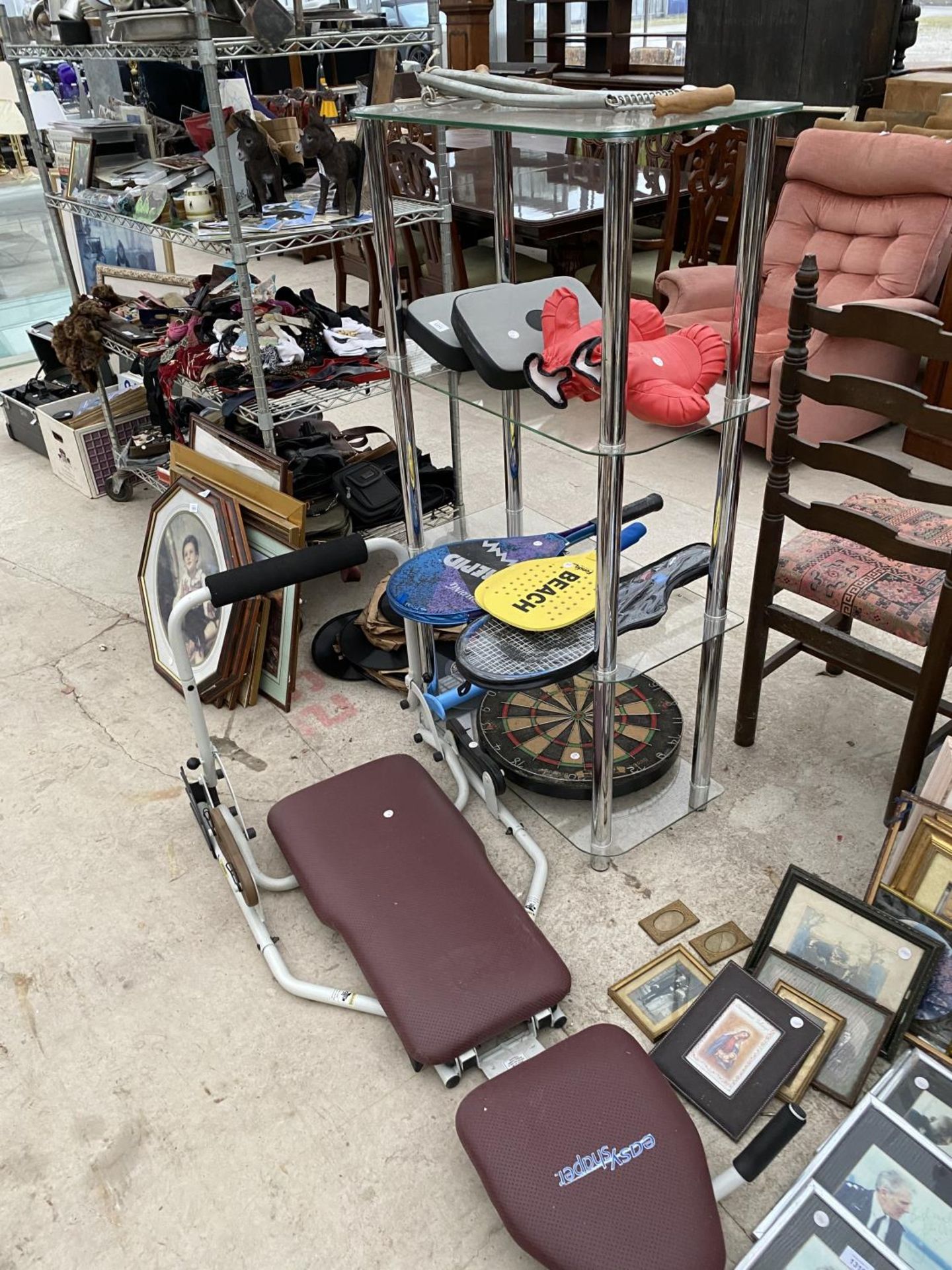 VARIOUS FITNESS EQUIPMENT, TENNIS RACKETS, BRISTLE DARTBOARD