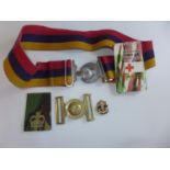 A ROYAL MEDICAL CORPS BELT AND BUCKLE, KINGS REGIMENT BUCKLE ETC