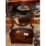 A MAHOGANY DRESSING TABLE MIRROR AND A WOODEN LIDDED TREASURE BOX