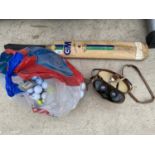 A SET OF BINOCULARS WITH CASE, CRICKET BAT AND GOLF BALLS