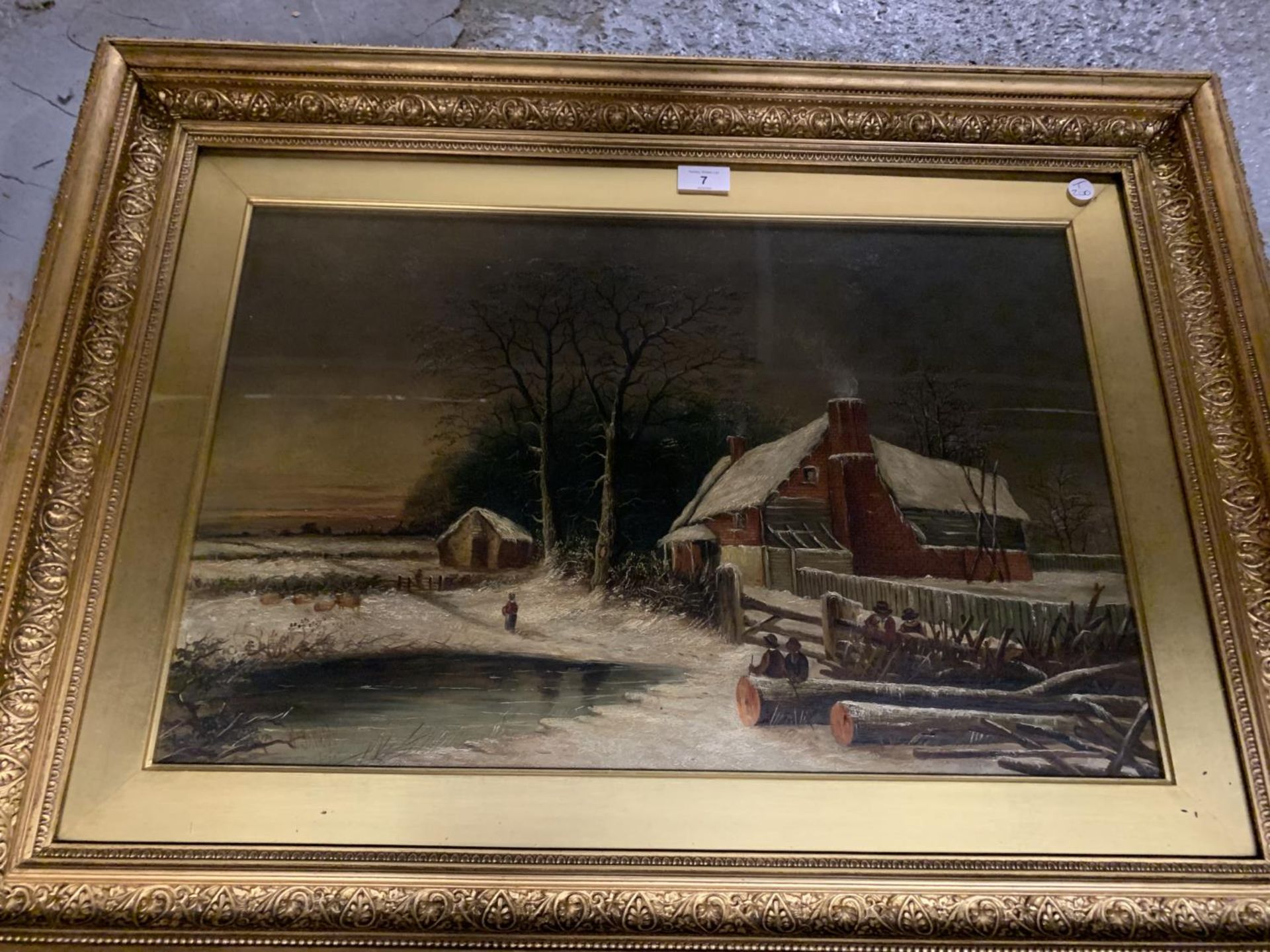 A GILT FRAMED OIL ON CANVAS OF A WINTER COUNTRY SCENE WITH SHEEP SIGNED W B WEBB