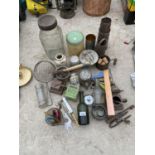 VARIOUS VINTAGE HOUSEHOLD ITEMS - BOTTLES, TINS ETC