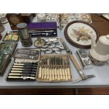 A SELECTION OF VARIOUS ITEMS INCLUDING SILVER PLATED FISH SERVING KNIFE AND FORK ETC