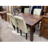 A MODERN INDONESIAN WOOD DINING TABLE AND FOUR HIGH BACK LEATHERETTE CHAIRS