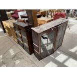 AN OAK GLAZED AND LEADED BOOKCASE TOP AND MAHOGANY BOOKCASE TOP