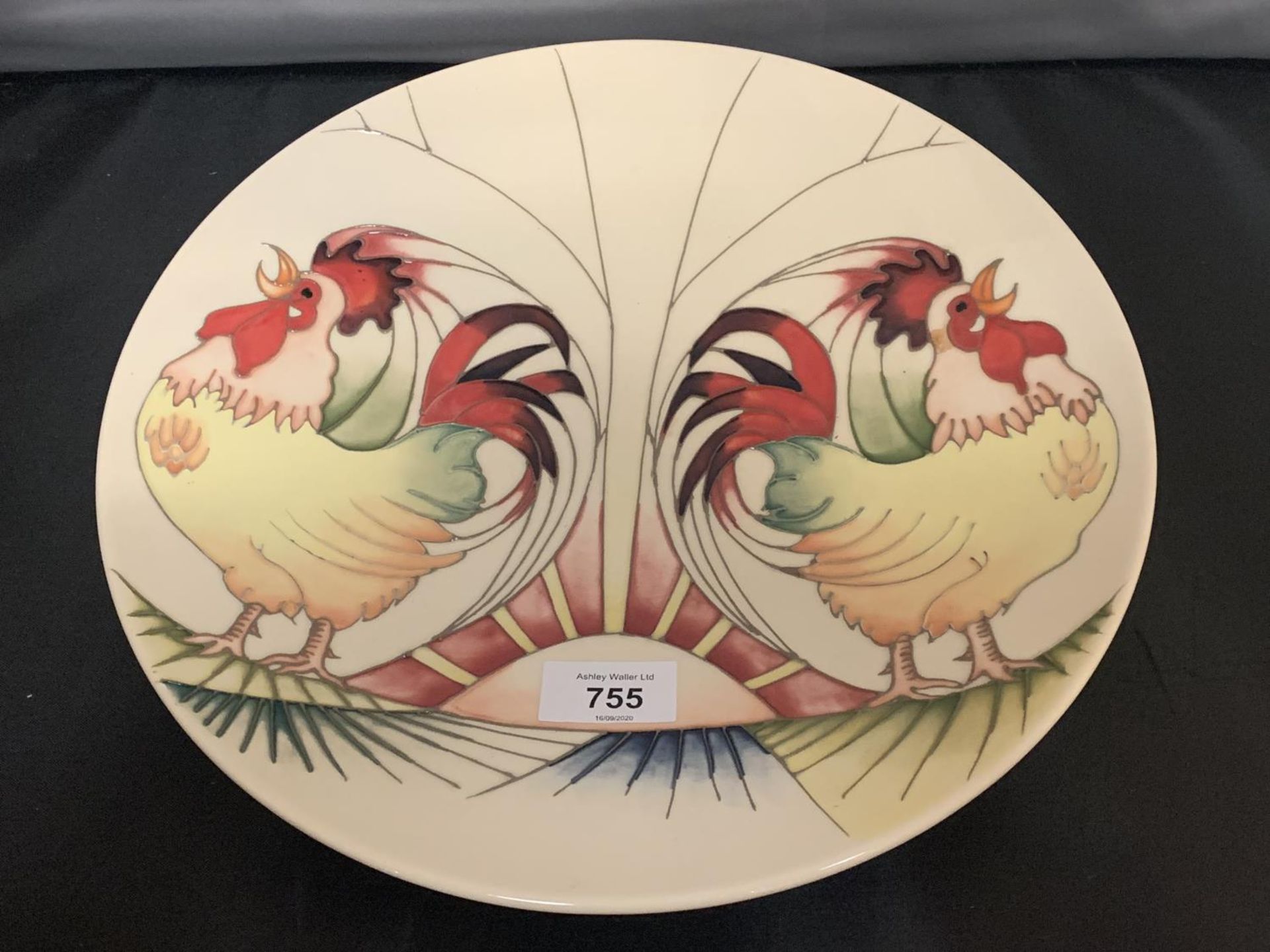 A MOORCROFT 12 INCH PLATE 'GOOD MORNING ROOSTERS'
