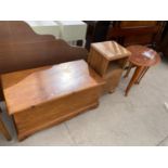 A PINE BEDDING CHEST, NEXT OF THREE TABLES AND BEDSIDE LOCKER