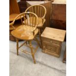 A PINE BEDSIDE LOCKER AND PAIR OF HIGH KITCHENS TOOLS