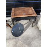 A PIANO STOOL AND A BRASS RIMMED TABLE TOP