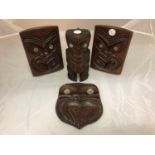 VARIOUS WOODEN CARVED TRIBAL ITEMS WITH SHELL EYES TO INCLUDE A PAIR OF BOOK ENDS, A MASK AND A