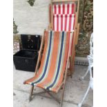 THREE VINTAGE STRIPED CANVAS WOODEN FRAMED DECK CHAIRS
