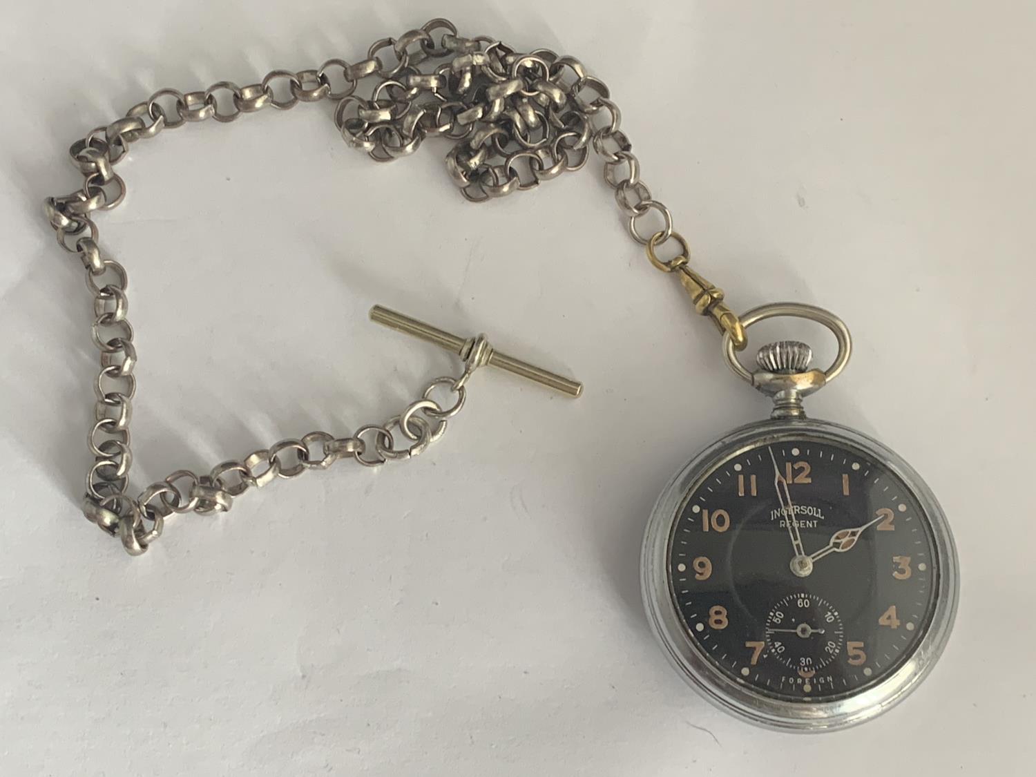 AN INGERSOLL POCKET WATCH AND CHAIN