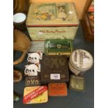 A COLLECTION OF VINTAGE TINS TO INCLUDE OLD BETTY PLANTS SWEETS, OXO, ELASTOPLAST ETC