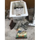 VARIOUS VINTAGE ITEMS TO INCLUDE A SMALL BELFAST SINK (A/F), GARDEN TEDDY ORNAMENT ETC