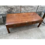 A YEW WOOD COFFEE TABLE WITH THREE MILITARY STYLE DRAWERS AND THREE SHAM DRAWERS, 48"x22"