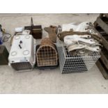 THREE PET CARRIERS AND A TARPAULIN SHEET