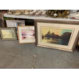 FOUR FRAMED PRINTS INCLUDING ONE LARGE DEPICTION OF A RIVER SCENE AT DUSK