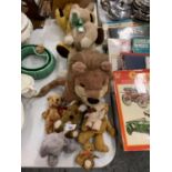 SIX MINI TEDDY BEARS TO INCLUDE A 'CHARLIE BEAR' AND THREE LARGER ITEMS - A LION, A RABBIT AND A