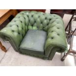 A THOMAS LLOYD GREEN LEATHER BUTTON BACK EASY CHAIR