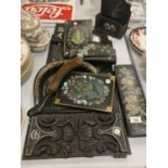A COLLECTION OF BLACK LAQUERED FLORAL DECORATED ITEMS
