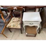 A 19TH CENTURY MAHOGANY CARVER CHAIR WHITE PAINTED BEDSIDE LOCKER AND WICKER TOP STOOL
