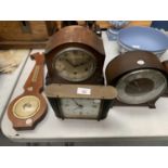 THREE MANTLE CLOCKS TO INCLUDE AN ART DECO STYLE AND SMITHS AND A BAROMETER