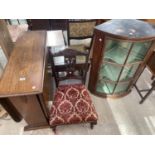AN EDWARDIAN LOW NURSING CHAIR, REPRODUCTION SOFA STYLE TABLE AND A MAHOGANY CORNER CUPBOARD