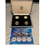 A BRITTANIA 2003 SILVER PROOF FOUR £1 COIN PATTERN SET IN PRESENTATION BOX WITH CERTIFICATE