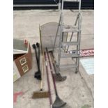 A STEP LADDER, FIRE GUARD, ROOF RACK AND GARDEN TOOLS