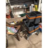 A WHEELBARROW TO INCLUDE A LARGE QUANTITY OF TOOLS AND INDUSTRIAL MULTI BUCKET MOP CLEANING TROLLEY