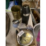 AN ASSORTMENT OF METAL ITEMS TO INCLUDE A HIP FLASK, TABLE LIGHTER ETC
