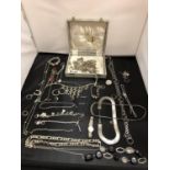 A CUTLERY BOX OF WHITE METAL JEWELLERY