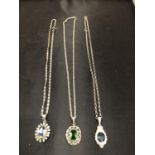 THREE SILVER NECKLACES - ONE GREEN STONE AND TWO BLUE