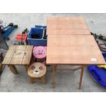 TWO FOLDAWAY TABLES, TWO CHILDRENS STOOLS AND A FURTHER SMALL SIDE TABLE