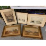 FIVE FRAMED WATERCOLOURS, TWO SCOTTISH SCENES, TWO BOATS AT SEA AND ONE CITY STREET