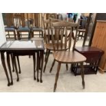 A NEST OF THREE TABLES, PAIR OF KITCHEN CHAIRS AND A SMALL DROP-LEAF TABLE
