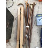 A QUANTITY OF WOODEN WALKING STICKS, ONE WITH METAL TOP AND A SHOOTING STICK