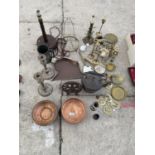 VARIOUS BRASS AND COPPER ITEMS - CANDLESTICKS, KETTLE, CRUMB TRAY ETC