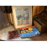 A FRAMED SEASIDE PRINT, A CHILD'S BRICKLAYER KIT AND A LARGE SQUARE RED GLASS PLATTER